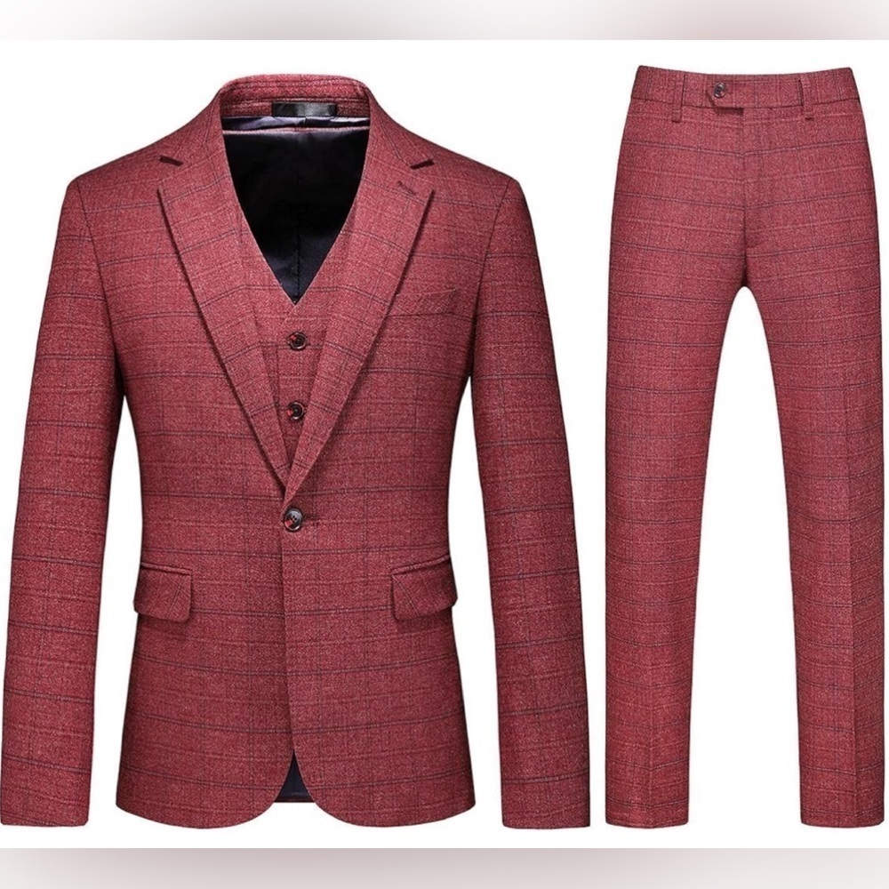 NEW- Men’s 3 Piece Slim Fit Plaid Tweed Suit- One Button Blazer, Pants, & Vest